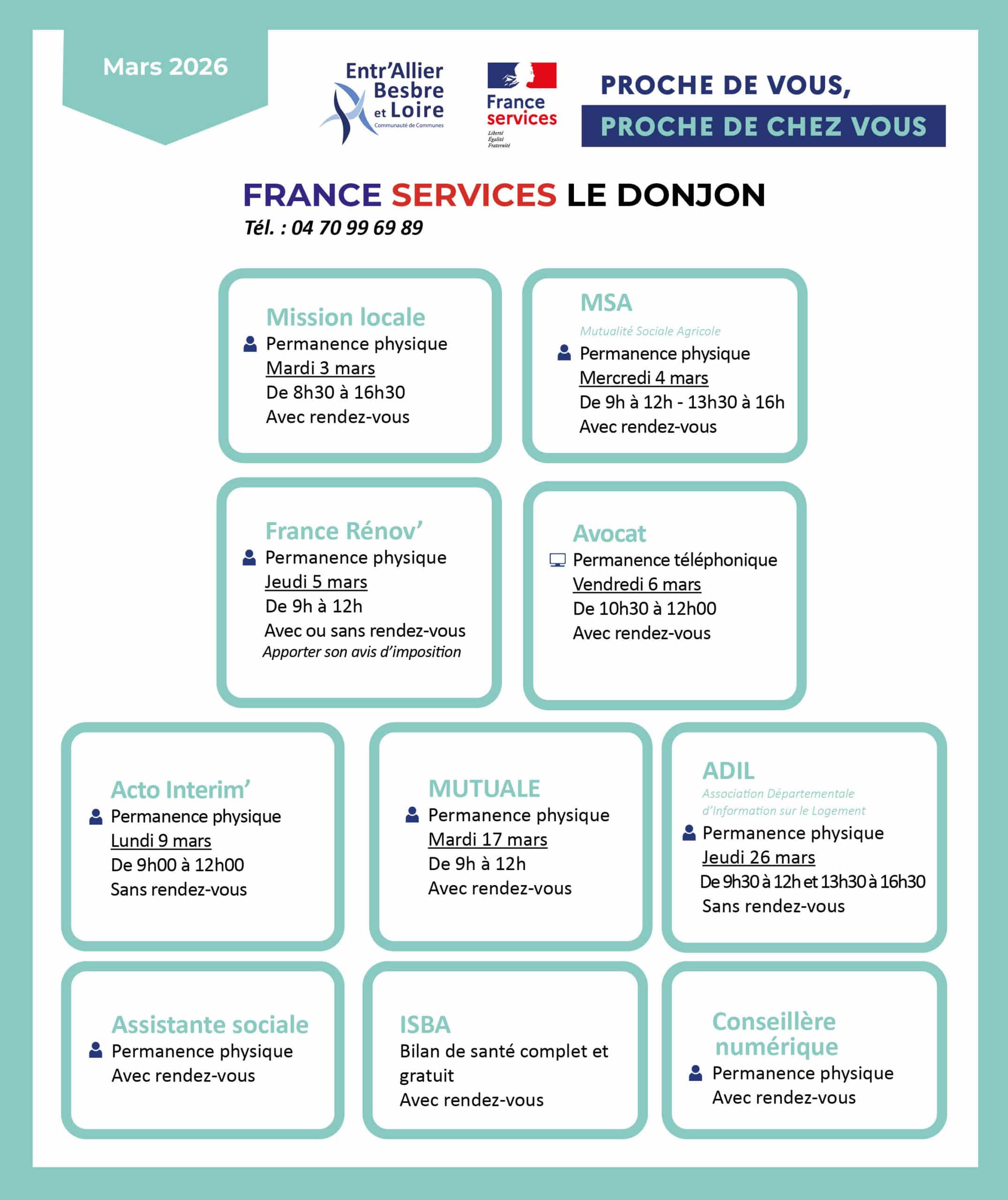 Maison France Services Le Donjon - Permanences Mars 2026